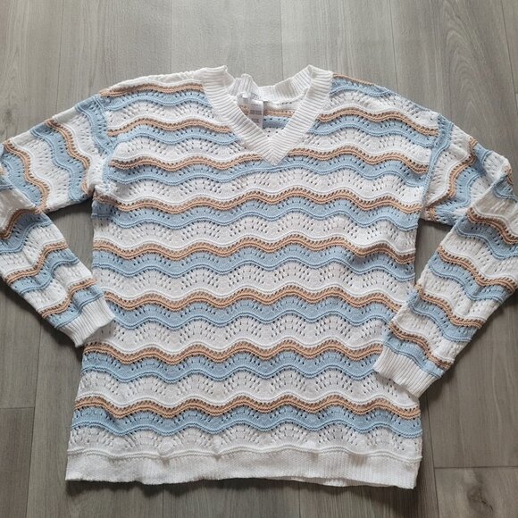 Striped Wave Knit Cotton Sweater V-Neck White/Blue/Tan Womens XL Studio 1886 - Picture 3 of 6